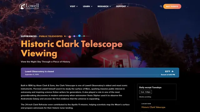 Lowell Observatory The Clark Telescope experience page design