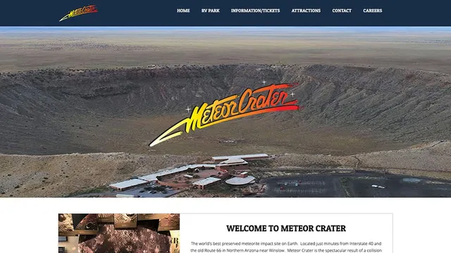 Previous Meteor Crater homepage, with a long welcome paragraph and three text-heavy planning columns