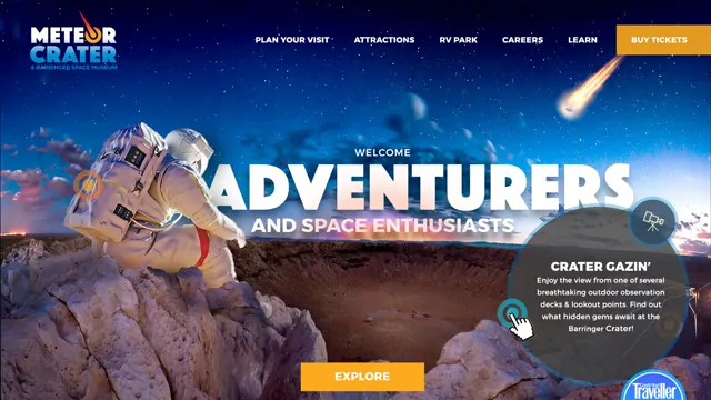 Initial homepage concept showing an astronaut above the crater and an open Crater Gazin’ hotspot