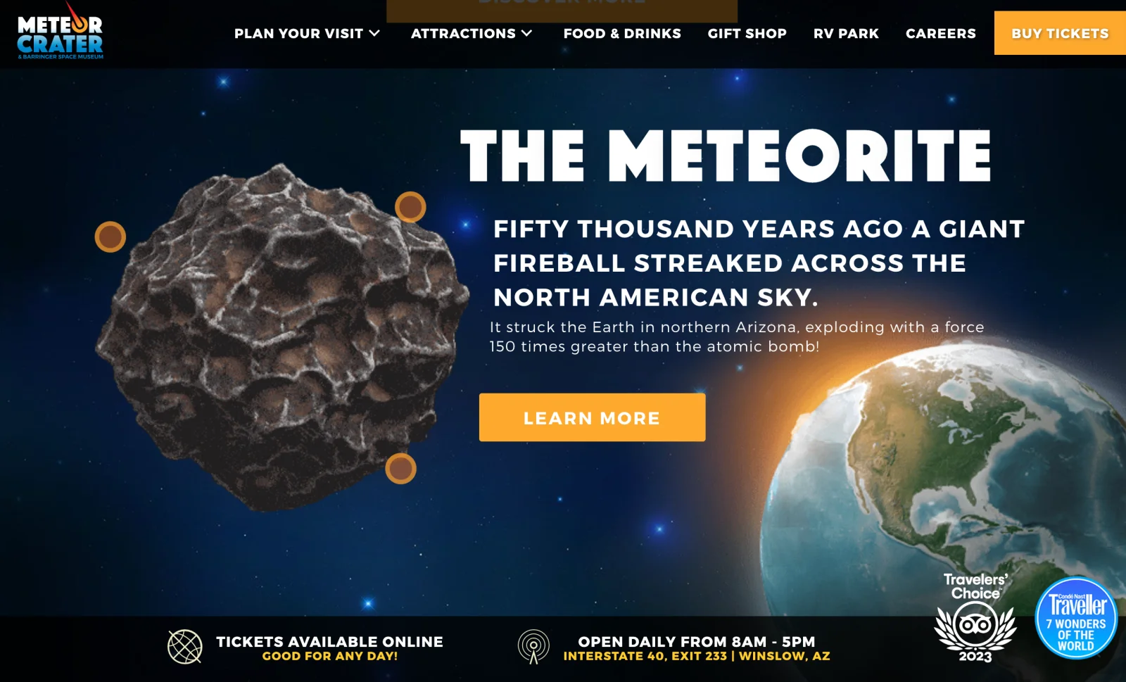 The 3D meteorite with interactive hotspots, a short introduction, and the ticket bar beneath it