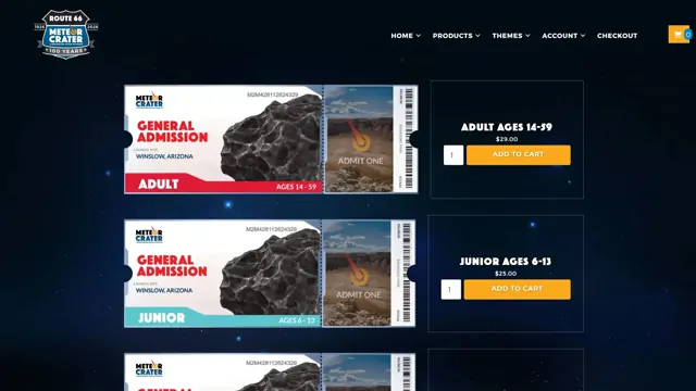 Meteor Crater general admission page with ticket categories, quantities, and purchase buttons