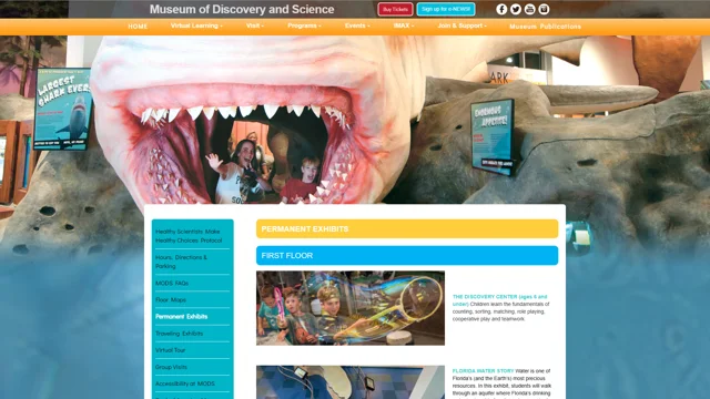Previous exhibits page with a long list of attractions in a narrow central column
