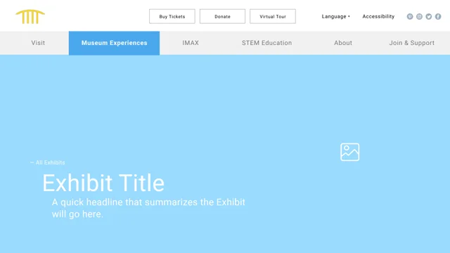 Exhibit wireframe showing introductory information, visit details, location, frequently asked questions, and related exhibits