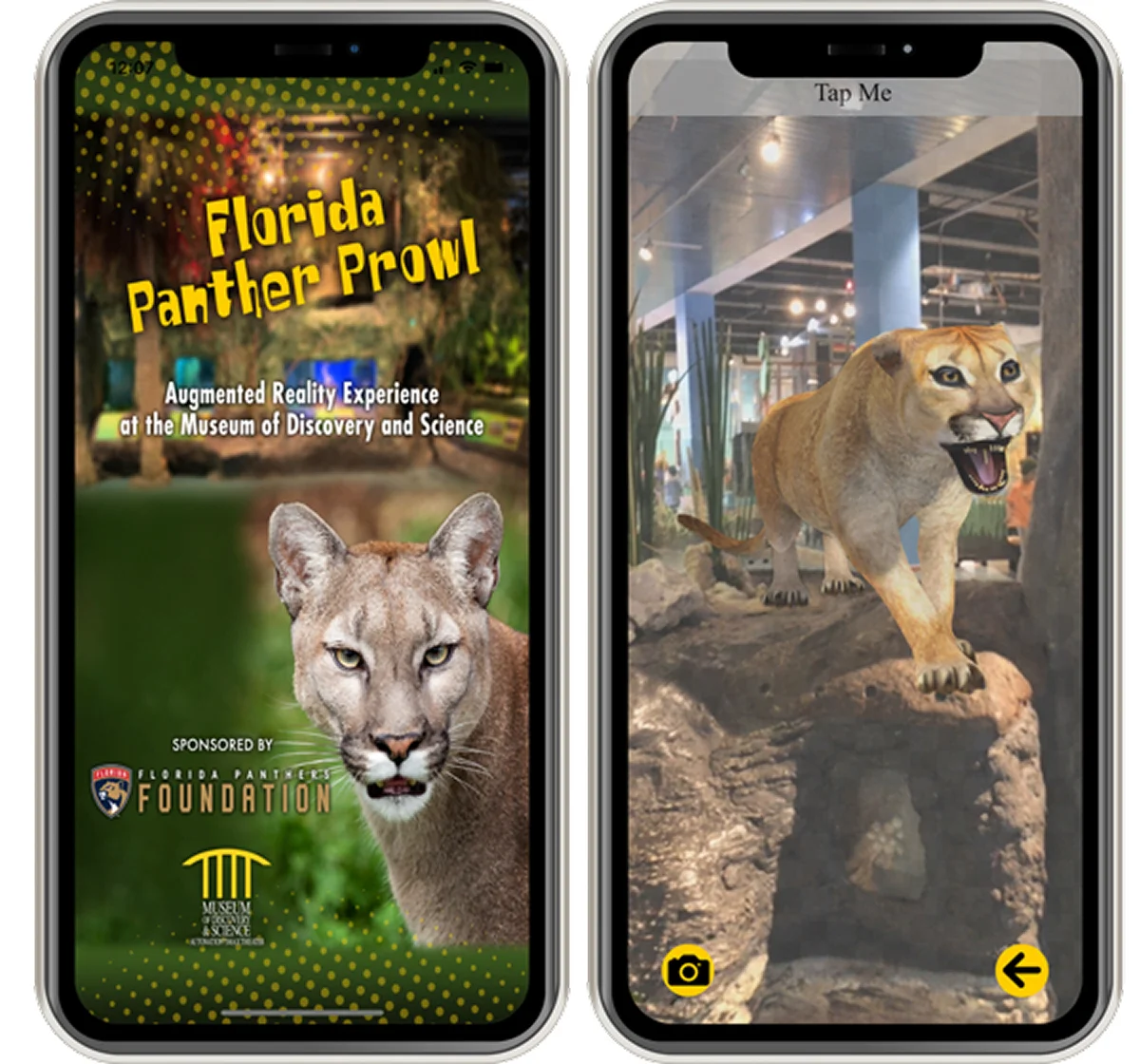 The original student-created Panther Prowl app’s title screen and augmented-reality panther