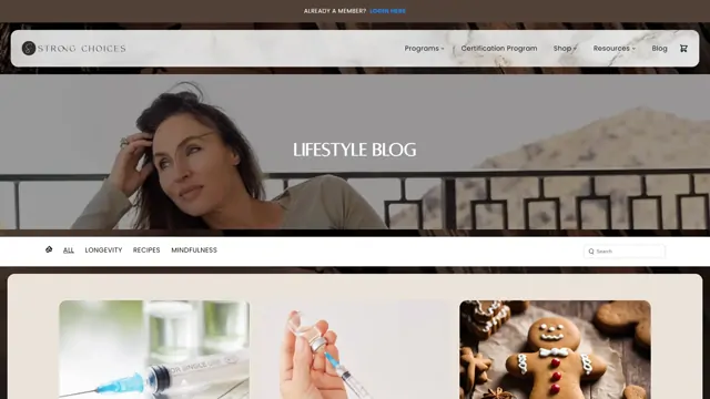 Strong Choices blog with a grid of wellness articles and recipes