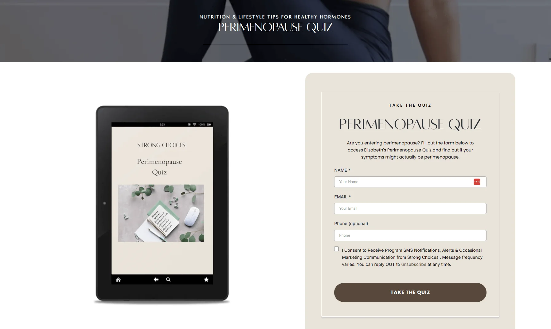 Perimenopause quiz landing page with a tablet preview and contact form