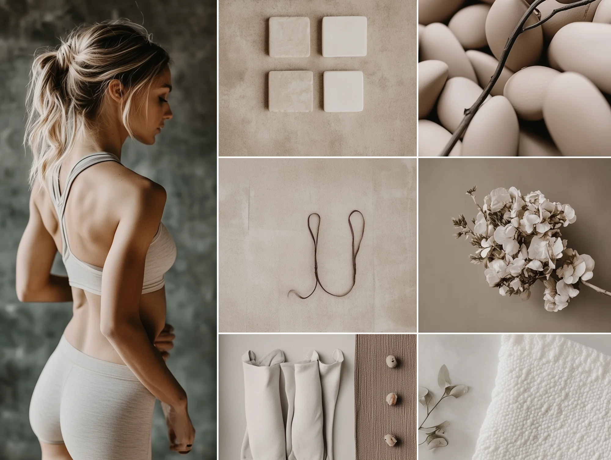 Strong Choices mood board combining natural fabrics, plaster, stone, dried flowers, and muted lifestyle photography